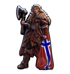 Pinkgul.no Vindra decorative metal sticker featuring a Viking warrior woman with an axe and a Norwegian flag cape