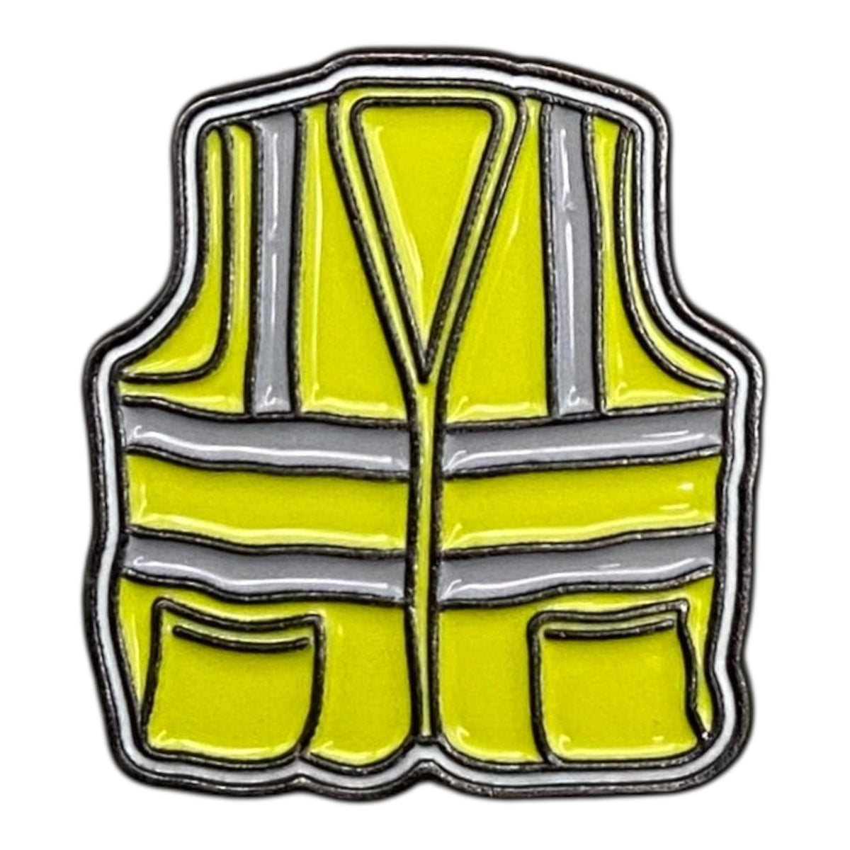 Pinkgul.no decorative metal sticker shaped like a yellow high-visibility safety vest with reflective silver stripes.