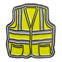 Pinkgul.no decorative metal sticker shaped like a yellow high-visibility safety vest with reflective silver stripes.